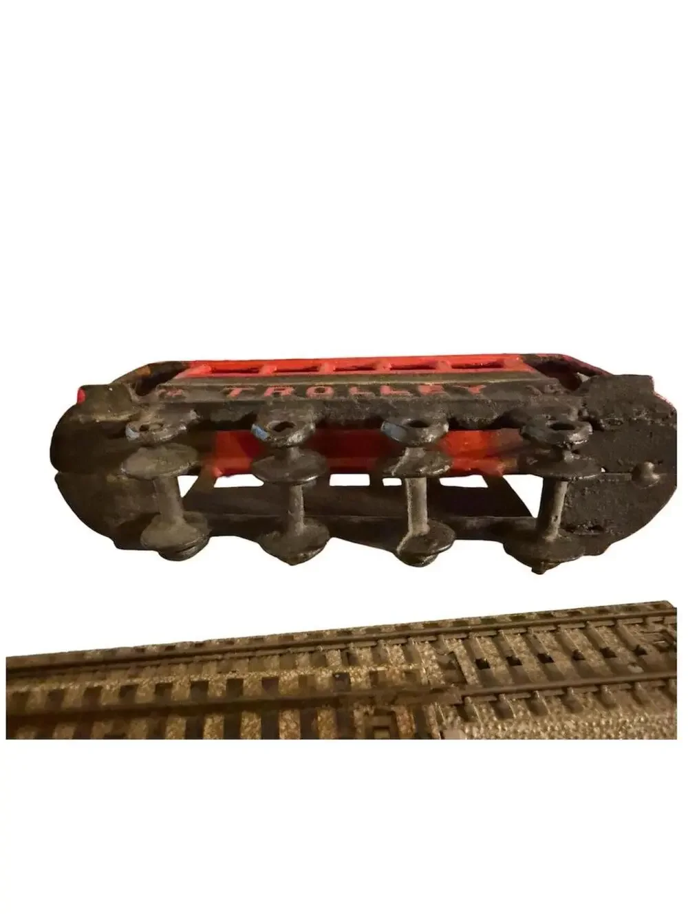 Vintage Cast Iron Toy Train and Trolley Set with Tracks